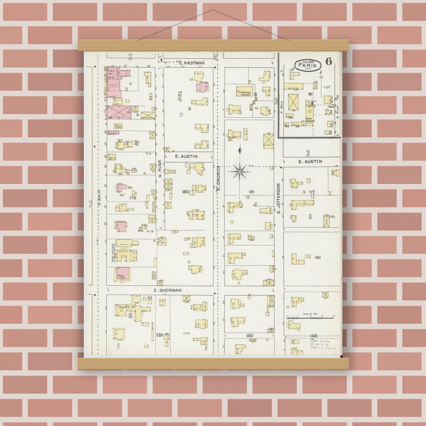 Old map wall art mockup — magnetic wood frame on brick wall — Sanborn Fire Insurance Map from Paris, Lamar County, Texas (1892), Sheet #0006