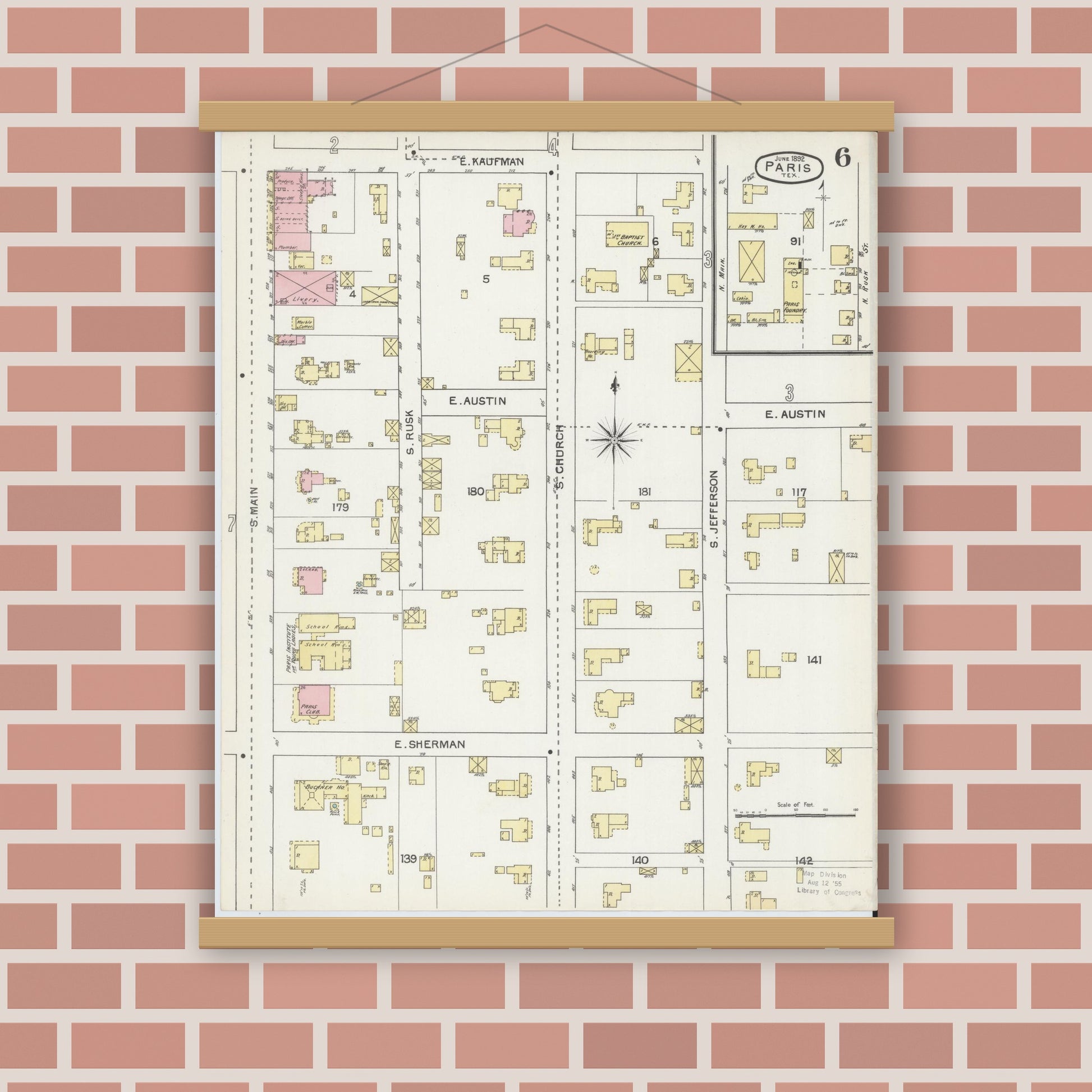 Old map wall art mockup — magnetic wood frame on brick wall — Sanborn Fire Insurance Map from Paris, Lamar County, Texas (1892), Sheet #0006