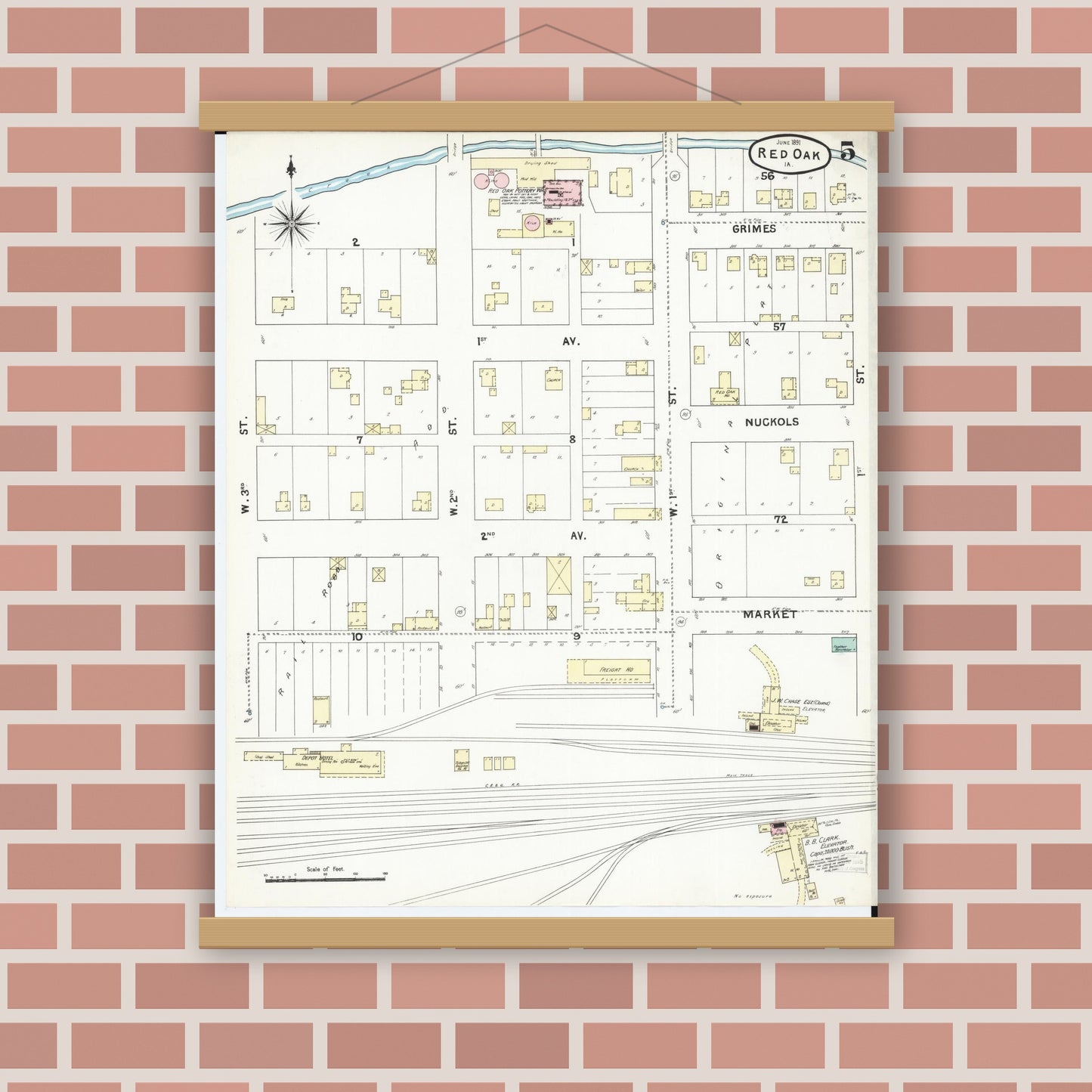 Old map wall art mockup — magnetic wood frame on brick wall — Sanborn Fire Insurance Map from Red Oak, Montgomery County, Iowa (1891), Sheet #0005