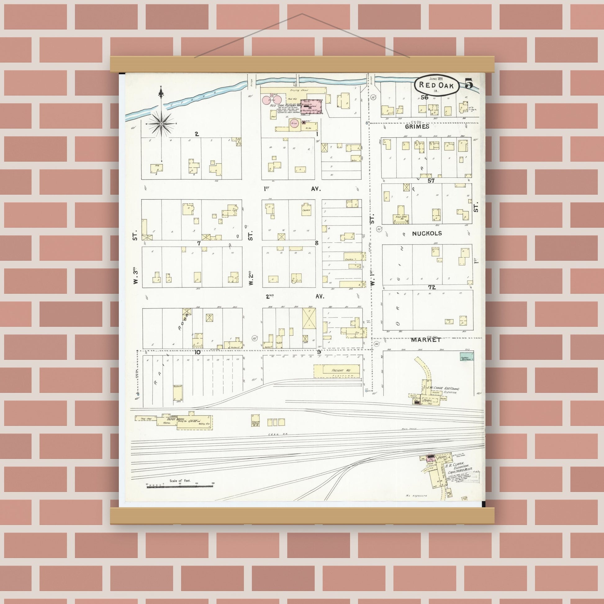 Old map wall art mockup — magnetic wood frame on brick wall — Sanborn Fire Insurance Map from Red Oak, Montgomery County, Iowa (1891), Sheet #0005