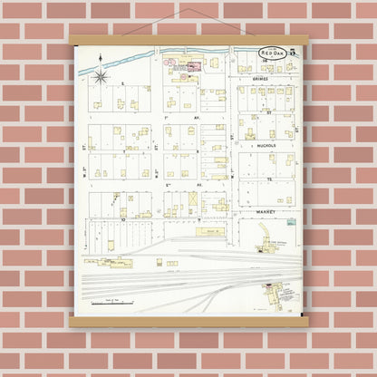 Old map wall art mockup — magnetic wood frame on brick wall — Sanborn Fire Insurance Map from Red Oak, Montgomery County, Iowa (1891), Sheet #0005