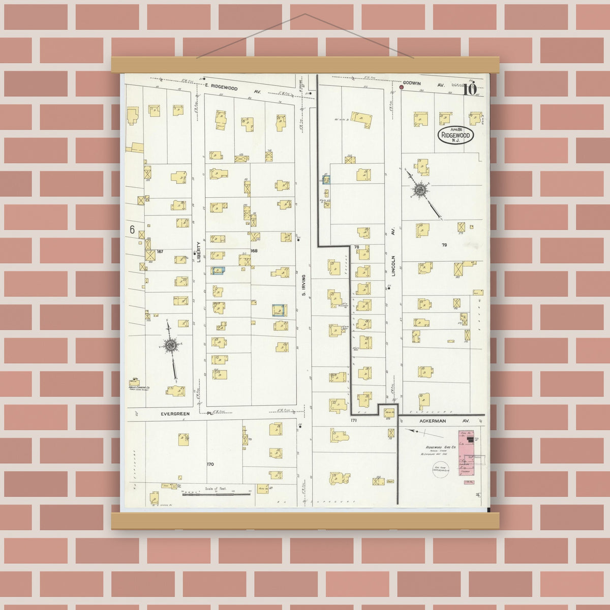 Old map wall art mockup — magnetic wood frame on brick wall — Sanborn Fire Insurance Map from Ridgewood, Bergen County, New Jersey (1911), Sheet #0010