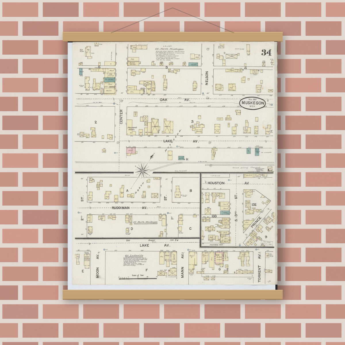 Old map wall art mockup — magnetic wood frame on brick wall — Sanborn Fire Insurance Map from Muskegon, Muskegon County, Michigan (1887), Sheet #0034