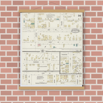Old map wall art mockup — magnetic wood frame on brick wall — Sanborn Fire Insurance Map from Muskegon, Muskegon County, Michigan (1887), Sheet #0034