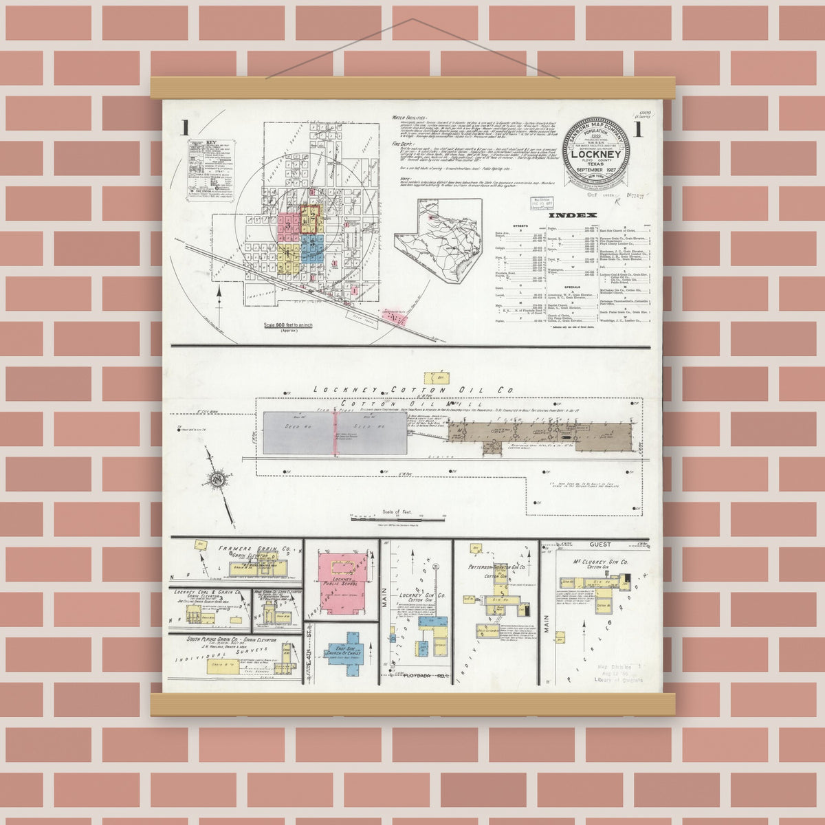 Old map wall art mockup — magnetic wood frame on brick wall — Sanborn Fire Insurance Map from Lockney, Floyd County, Texas (1927) - Complete Map Set
