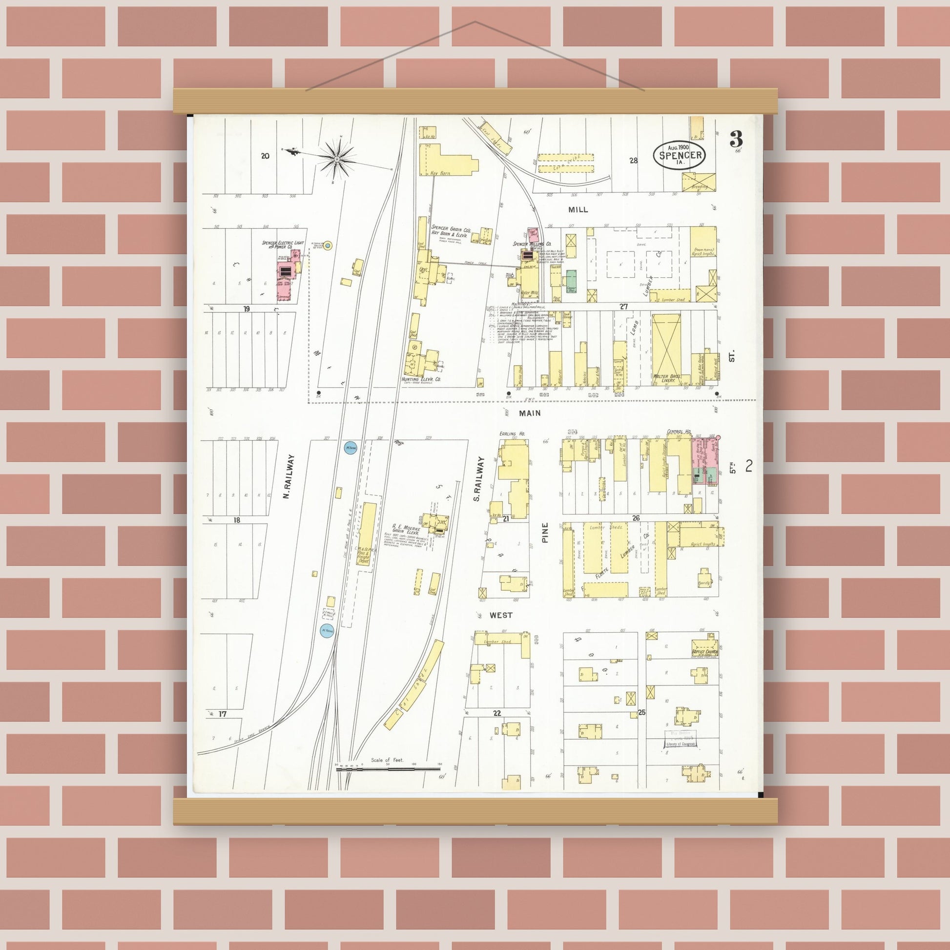 Old map wall art mockup — magnetic wood frame on brick wall — Sanborn Fire Insurance Map from Spencer, Clay County, Iowa (1900), Sheet #0003