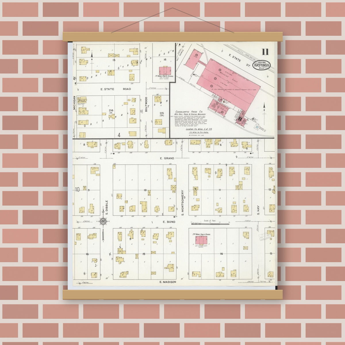 Old map wall art mockup — magnetic wood frame on brick wall — Sanborn Fire Insurance Map from Hastings, Barry County, Michigan (1916), Sheet #0011