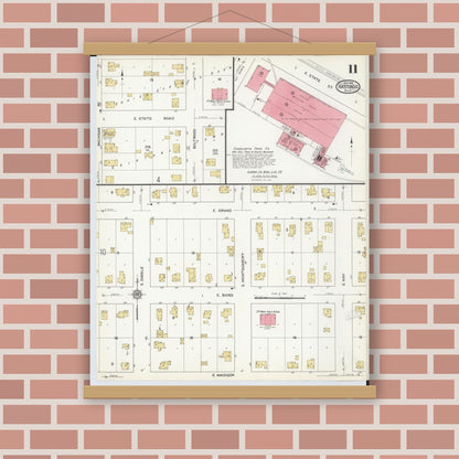 Old map wall art mockup — magnetic wood frame on brick wall — Sanborn Fire Insurance Map from Hastings, Barry County, Michigan (1916), Sheet #0011