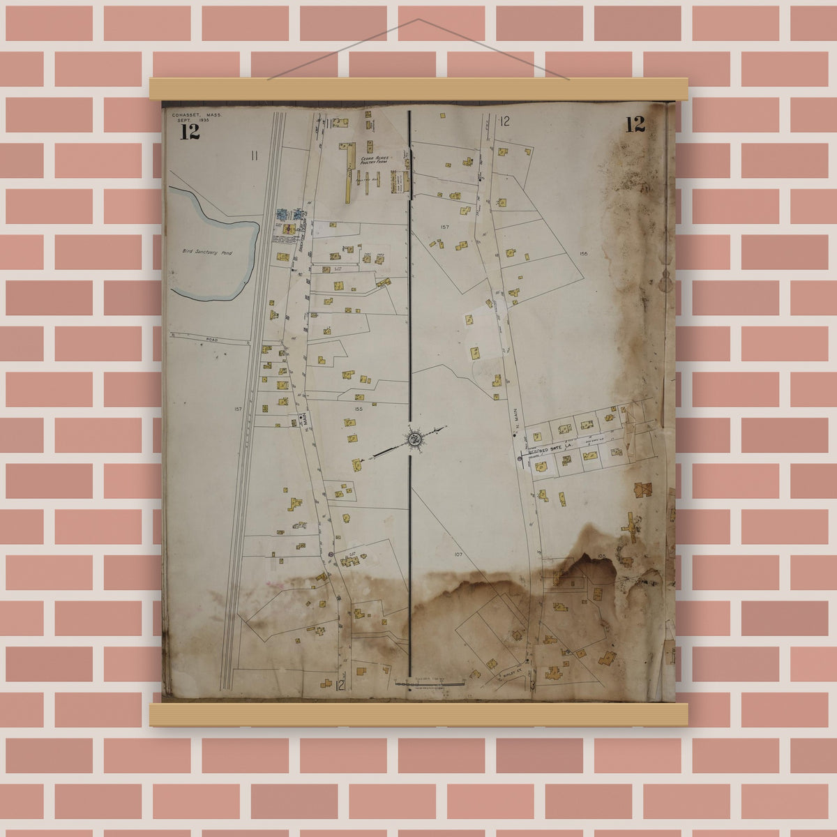 Old map wall art mockup — magnetic wood frame on brick wall — Sanborn Fire Insurance Map from Cohasset, Norfolk County, Massachusetts (1963), Sheet #0012