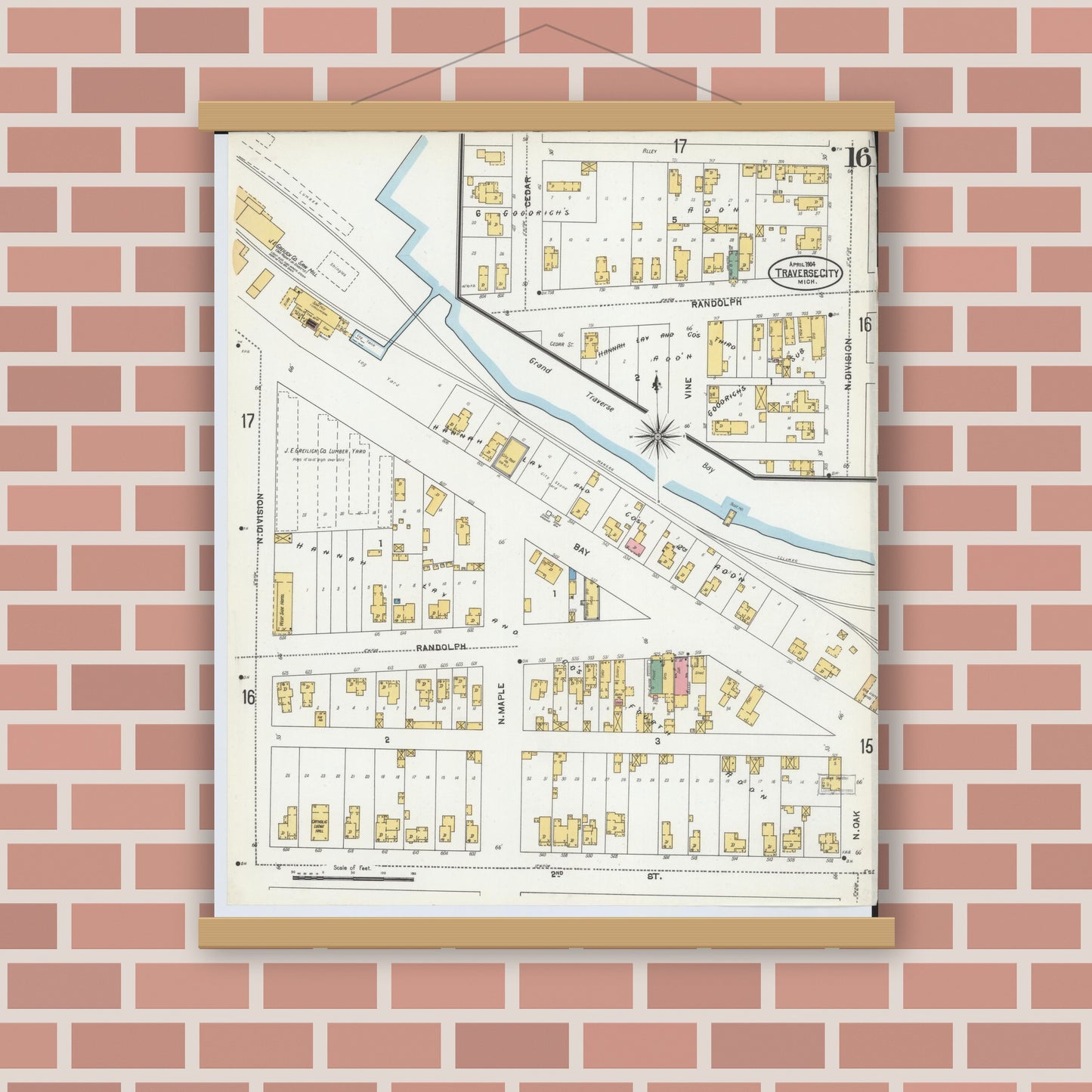 Old map wall art mockup — magnetic wood frame on brick wall — Sanborn Fire Insurance Map from Traverse City, Grand Traverse County, Michigan (1904), Sheet #0016