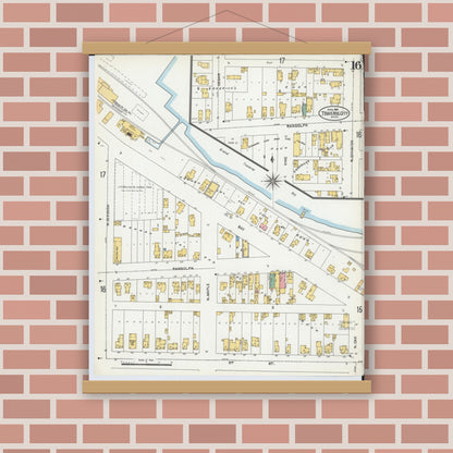 Old map wall art mockup — magnetic wood frame on brick wall — Sanborn Fire Insurance Map from Traverse City, Grand Traverse County, Michigan (1904), Sheet #0016