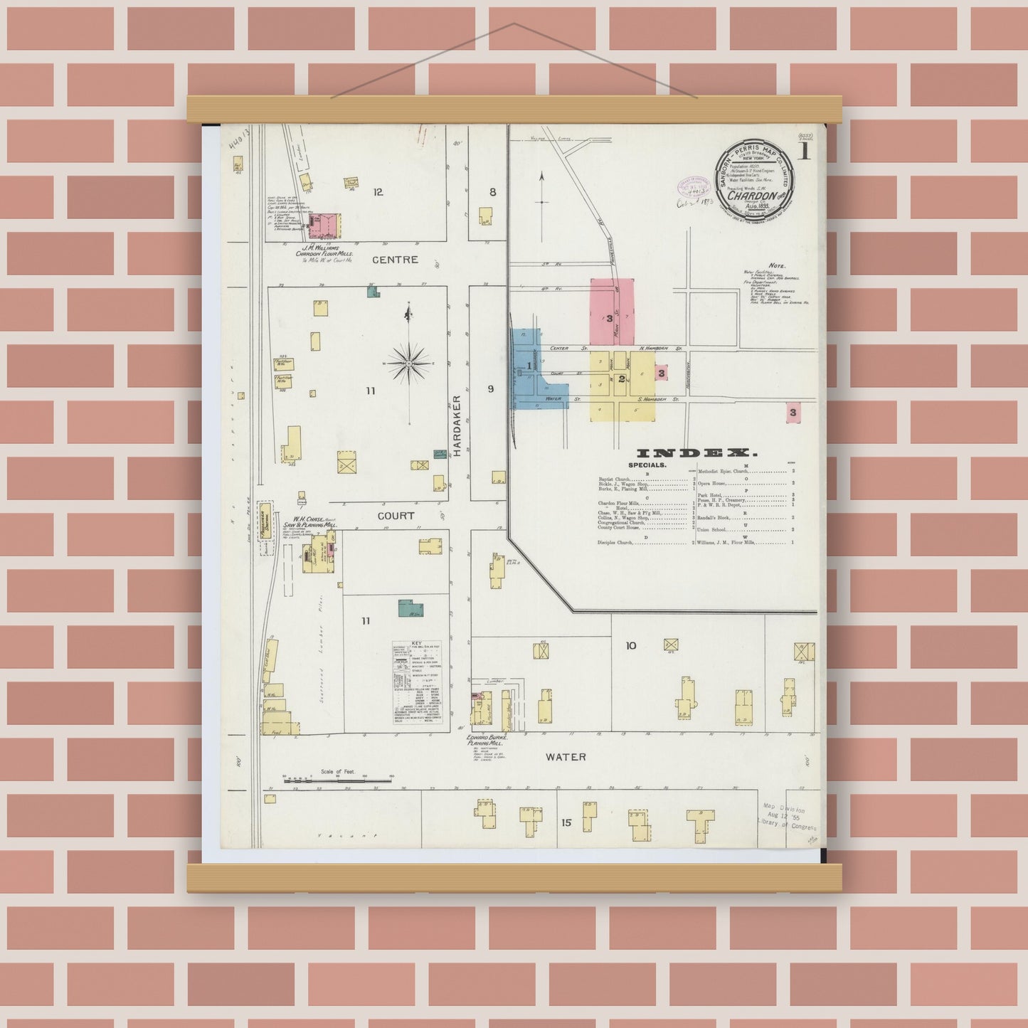 Old map wall art mockup — magnetic wood frame on brick wall — Sanborn Fire Insurance Map from Chardon, Geauga County, Ohio (1893), Sheet #0001