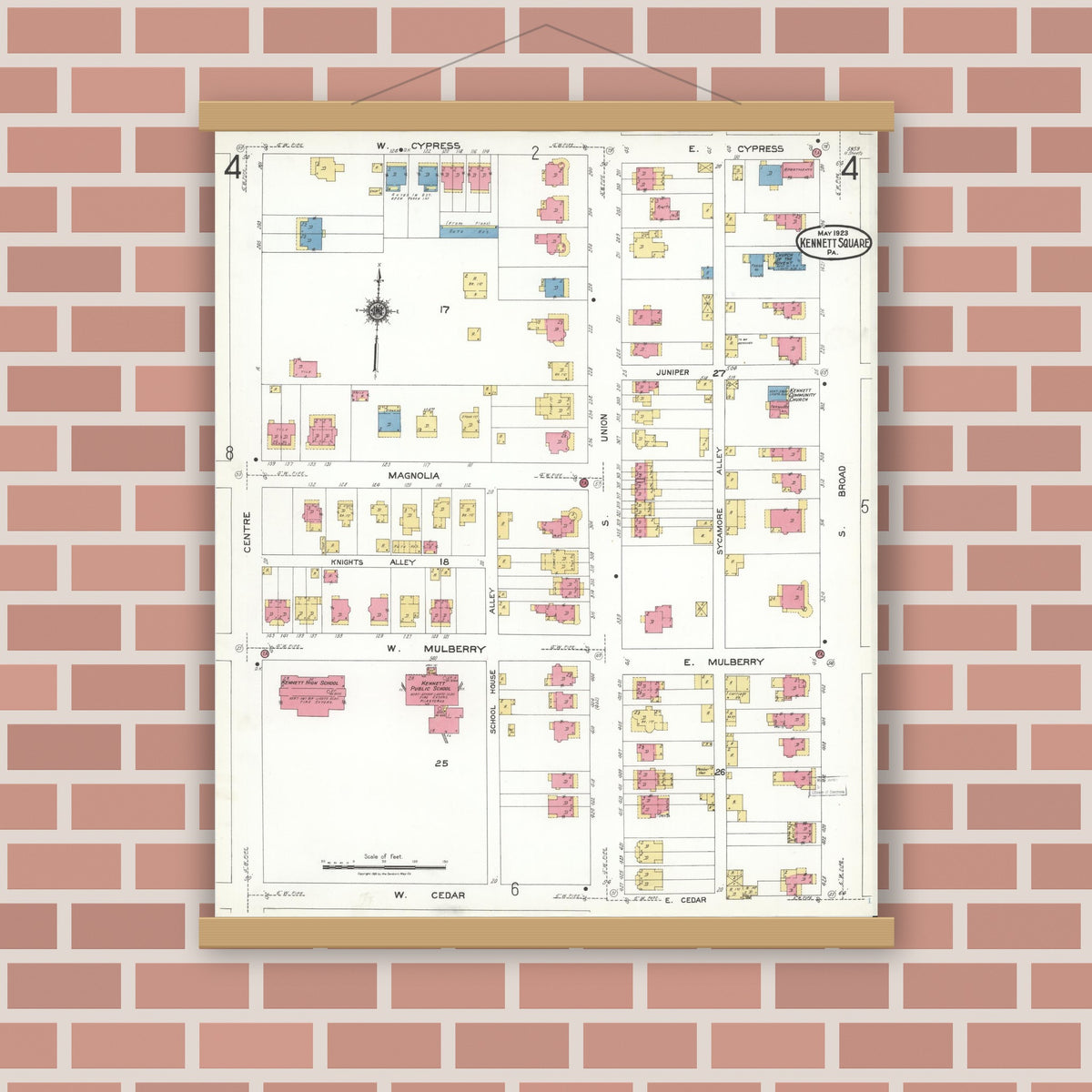Old map wall art mockup — magnetic wood frame on brick wall — Sanborn Fire Insurance Map from Kennett Square, Chester County, Pennsylvania (1923), Sheet #0004
