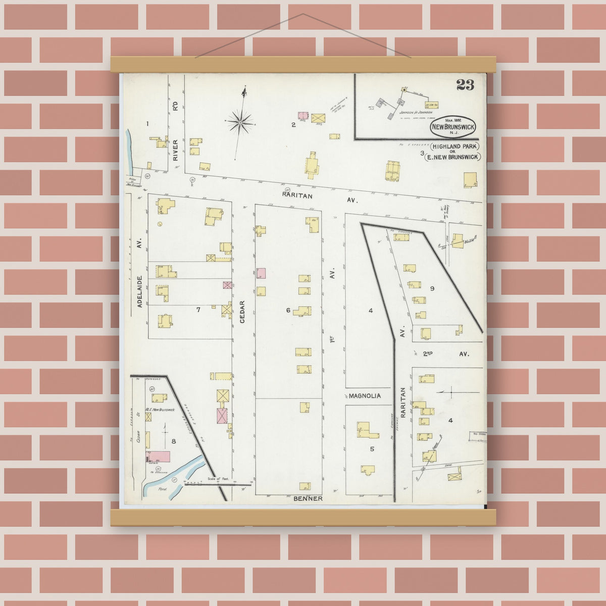 Old map wall art mockup — magnetic wood frame on brick wall — Sanborn Fire Insurance Map from New Brunswick, Middlesex County, New Jersey (1892), Sheet #0023