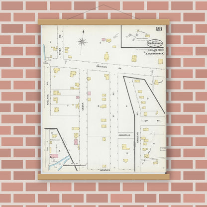 Old map wall art mockup — magnetic wood frame on brick wall — Sanborn Fire Insurance Map from New Brunswick, Middlesex County, New Jersey (1892), Sheet #0023