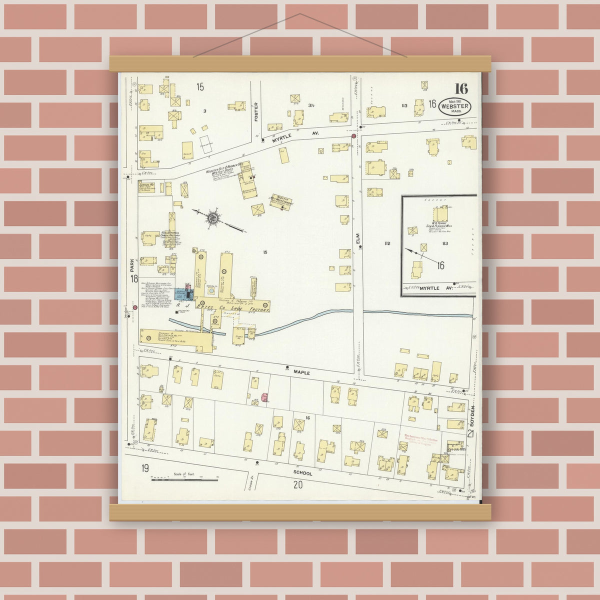 Old map wall art mockup — magnetic wood frame on brick wall — Sanborn Fire Insurance Map from Webster, Worcester County, Massachusetts (1911), Sheet #0016