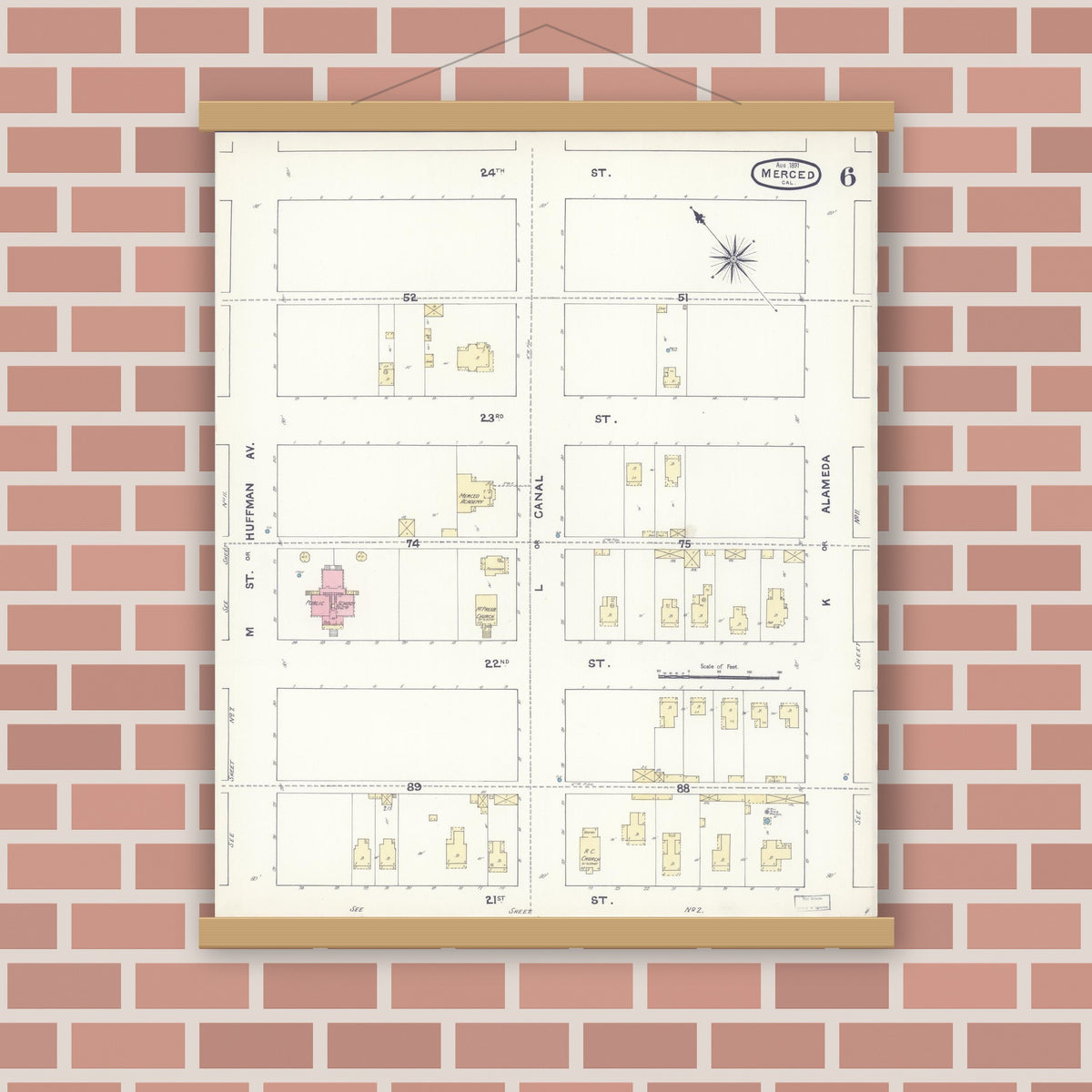 Old map wall art mockup — magnetic wood frame on brick wall — Sanborn Fire Insurance Map from Merced, Merced County, California (1891), Sheet #0006