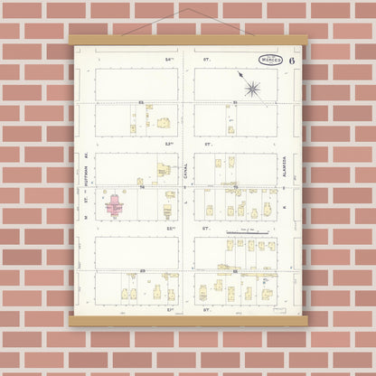 Old map wall art mockup — magnetic wood frame on brick wall — Sanborn Fire Insurance Map from Merced, Merced County, California (1891), Sheet #0006