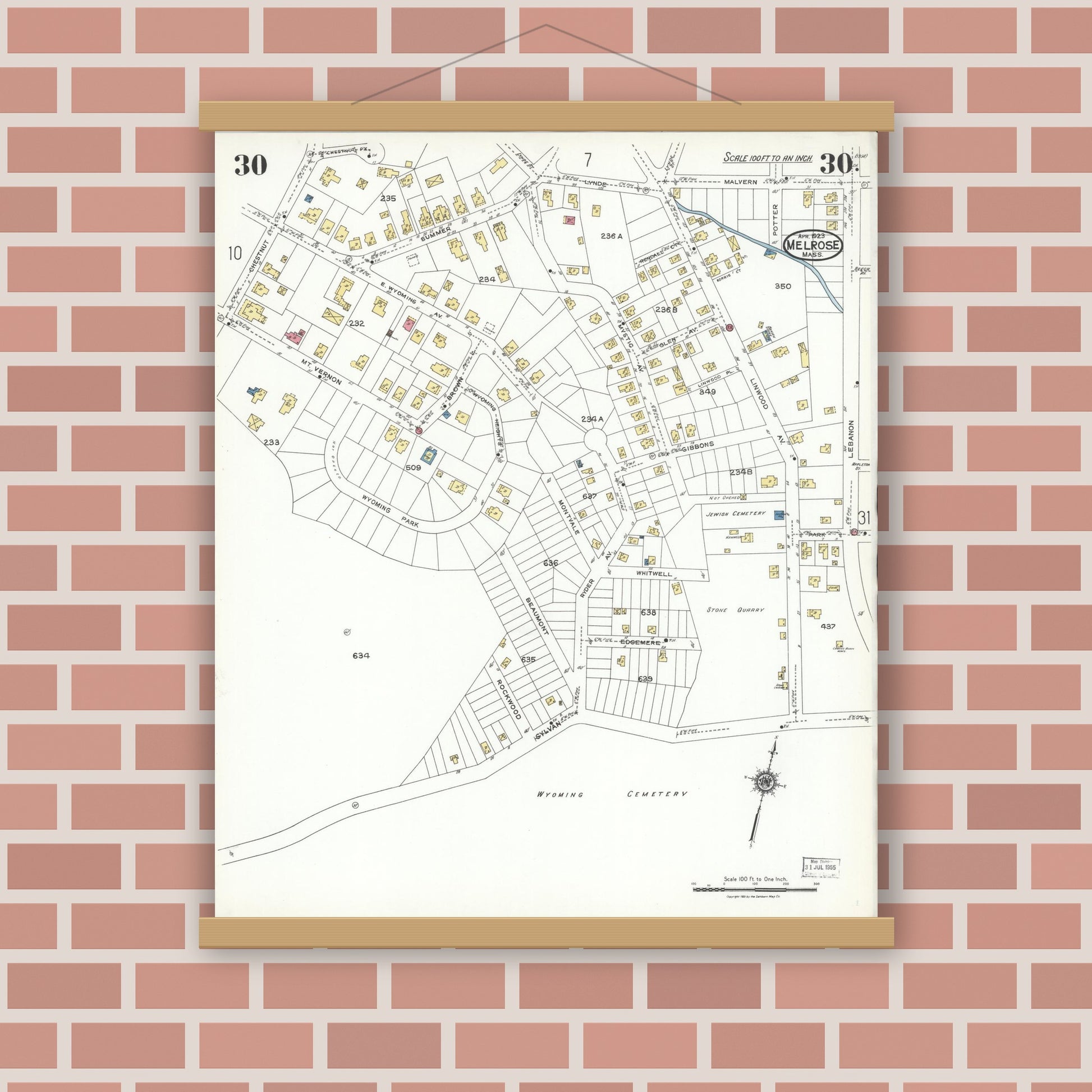Old map wall art mockup — magnetic wood frame on brick wall — Sanborn Fire Insurance Map from Melrose, Middlesex County, Massachusetts (1923), Sheet #0030