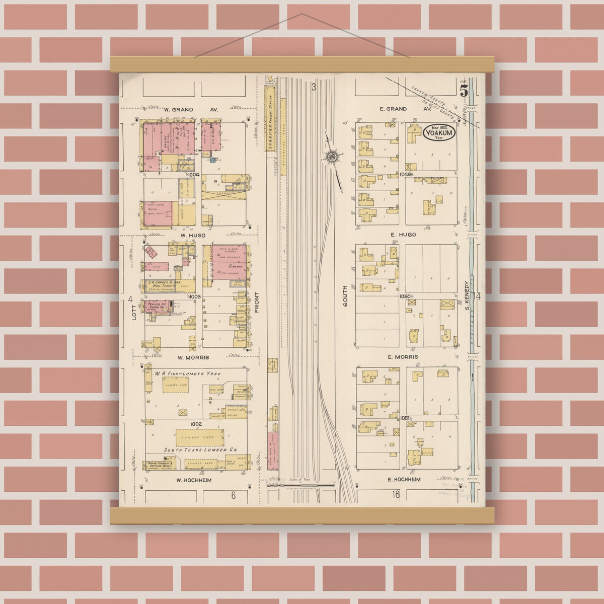 Old map wall art mockup — magnetic wood frame on brick wall — Sanborn Fire Insurance Map from Yoakum, De Witt And Lavaca Counties, Texas (1922), Sheet #0005