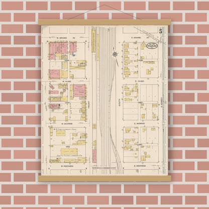 Old map wall art mockup — magnetic wood frame on brick wall — Sanborn Fire Insurance Map from Yoakum, De Witt And Lavaca Counties, Texas (1922), Sheet #0005