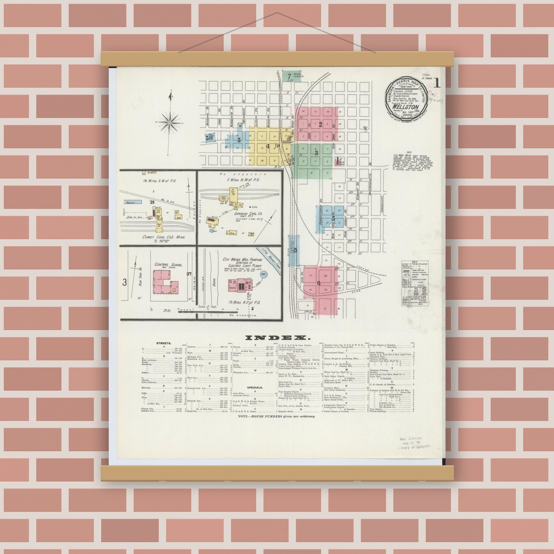 Old map wall art mockup — magnetic wood frame on brick wall — Sanborn Fire Insurance Map from Wellston, Jackson County, Ohio (1897), Sheet #0001