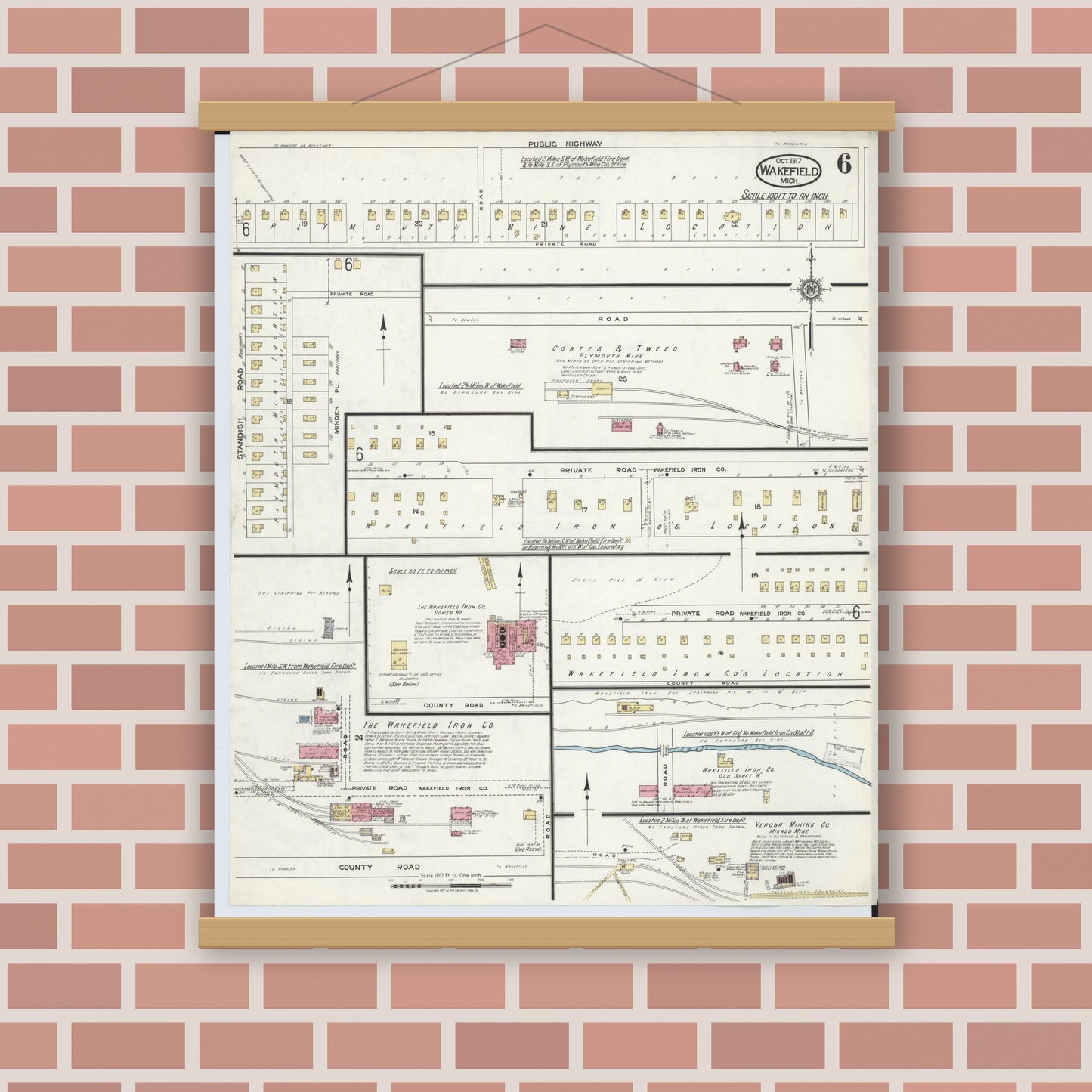 Old map wall art mockup — magnetic wood frame on brick wall — Sanborn Fire Insurance Map from Wakefield, Gogebic County, Michigan (1917), Sheet #0006