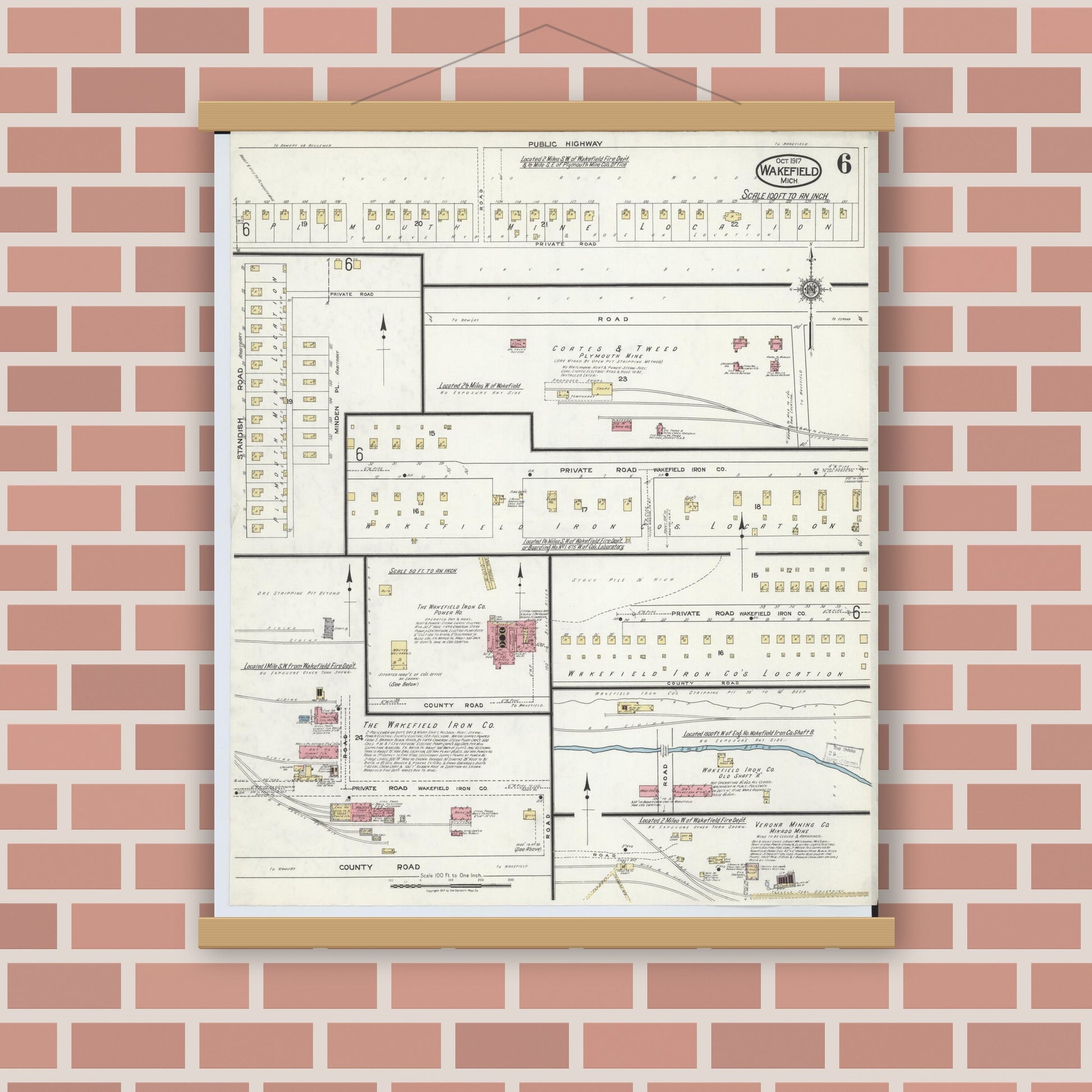 Old map wall art mockup — magnetic wood frame on brick wall — Sanborn Fire Insurance Map from Wakefield, Gogebic County, Michigan (1917), Sheet #0006