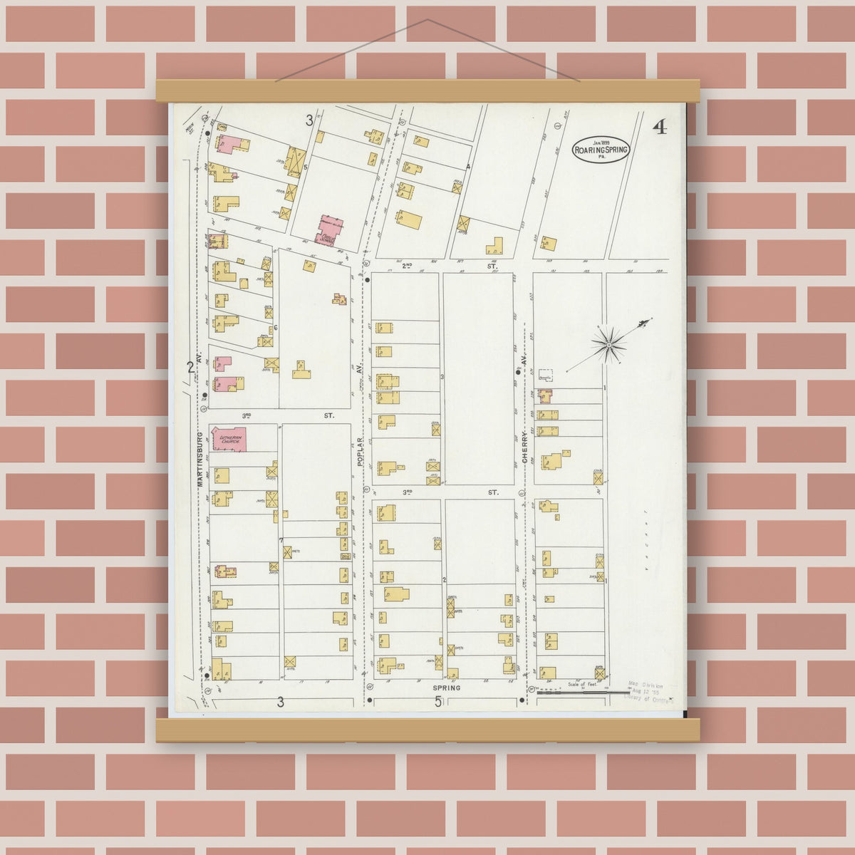 Old map wall art mockup — magnetic wood frame on brick wall — Sanborn Fire Insurance Map from Roaring Spring, Blair County, Pennsylvania (1899), Sheet #0004