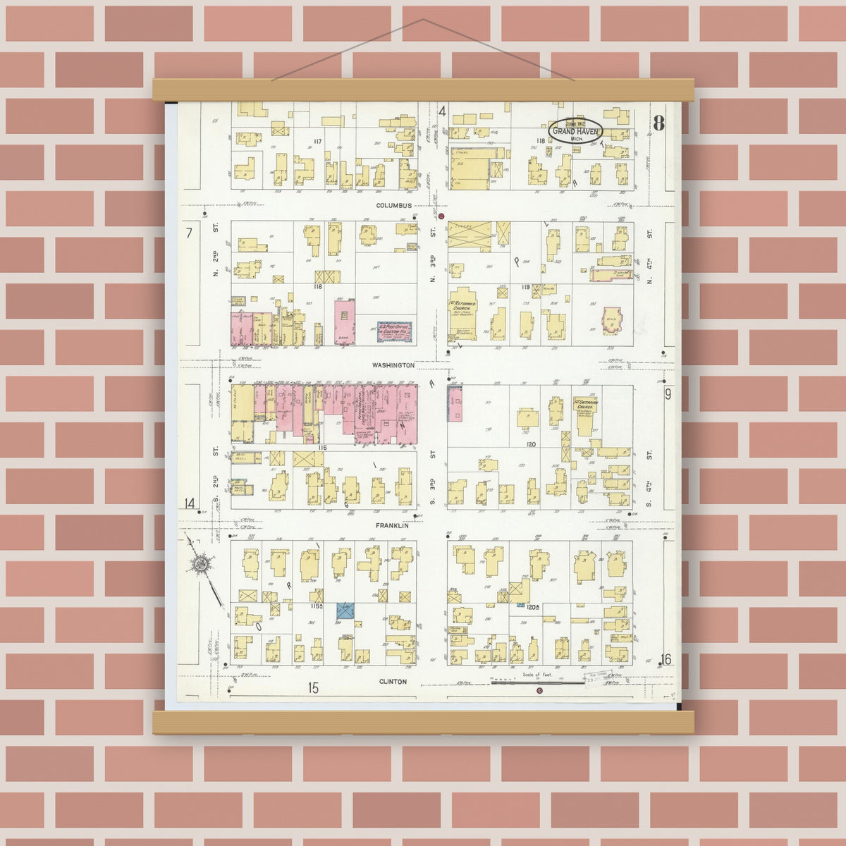 Old map wall art mockup — magnetic wood frame on brick wall — Sanborn Fire Insurance Map from Grand Haven, Ottawa County, Michigan (1912), Sheet #0008