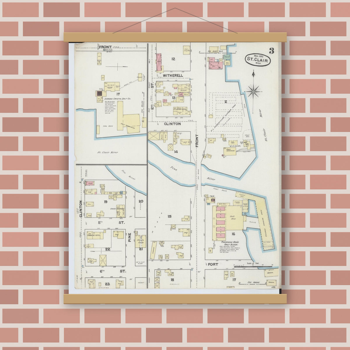 Old map wall art mockup — magnetic wood frame on brick wall — Sanborn Fire Insurance Map from Saint Clair, Saint Clair County, Michigan (1890), Sheet #0003