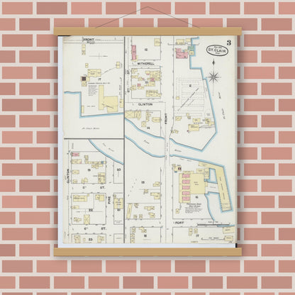 Old map wall art mockup — magnetic wood frame on brick wall — Sanborn Fire Insurance Map from Saint Clair, Saint Clair County, Michigan (1890), Sheet #0003
