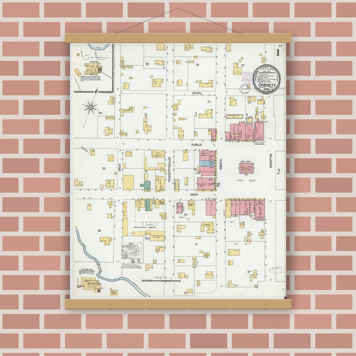 Old map wall art mockup — magnetic wood frame on brick wall — Sanborn Fire Insurance Map from Crockett, Houston County, Texas (1901) - Complete Map Set