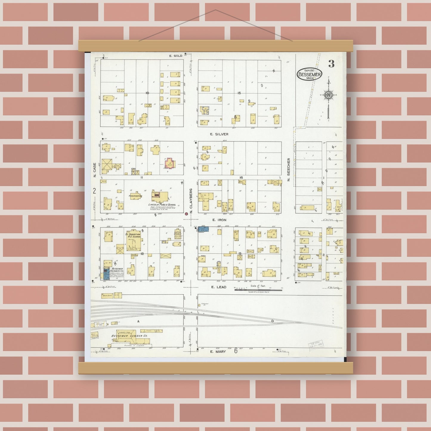 Old map wall art mockup — magnetic wood frame on brick wall — Sanborn Fire Insurance Map from Bessemer, Gogebic County, Michigan (1917), Sheet #0003