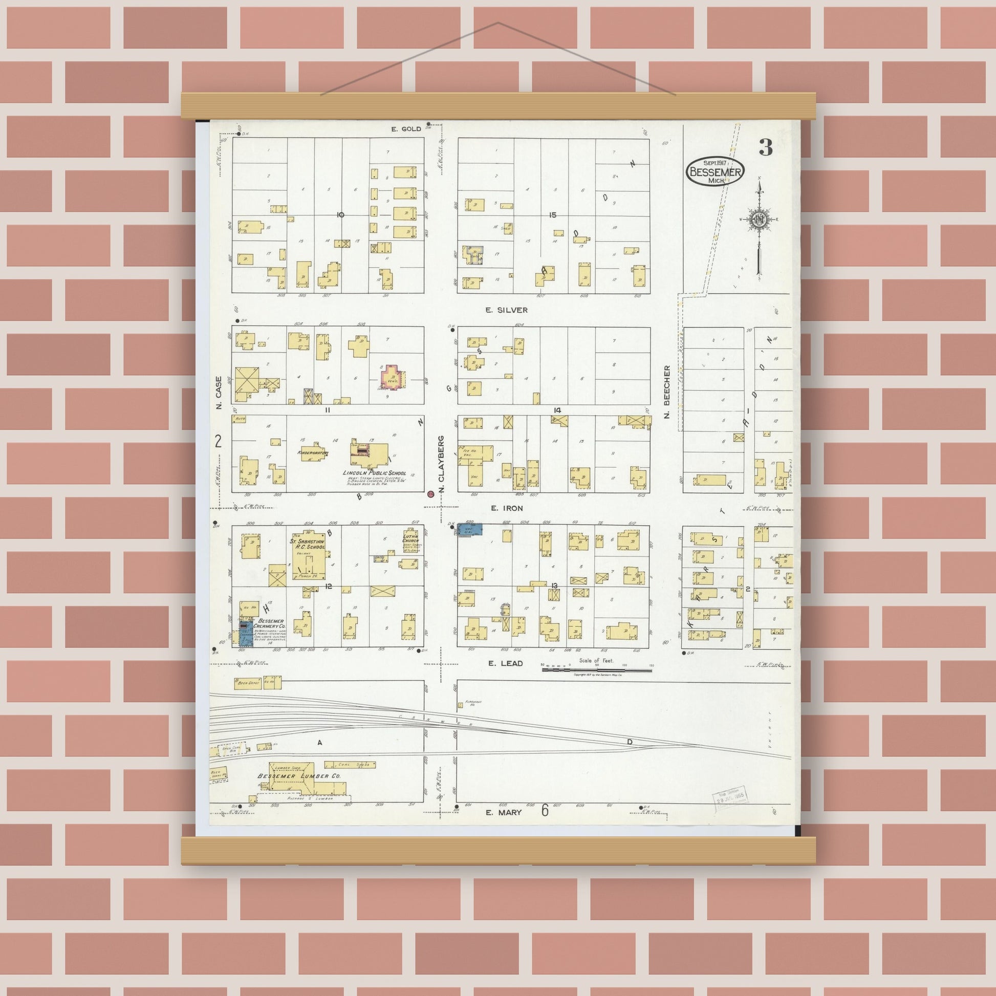 Old map wall art mockup — magnetic wood frame on brick wall — Sanborn Fire Insurance Map from Bessemer, Gogebic County, Michigan (1917), Sheet #0003