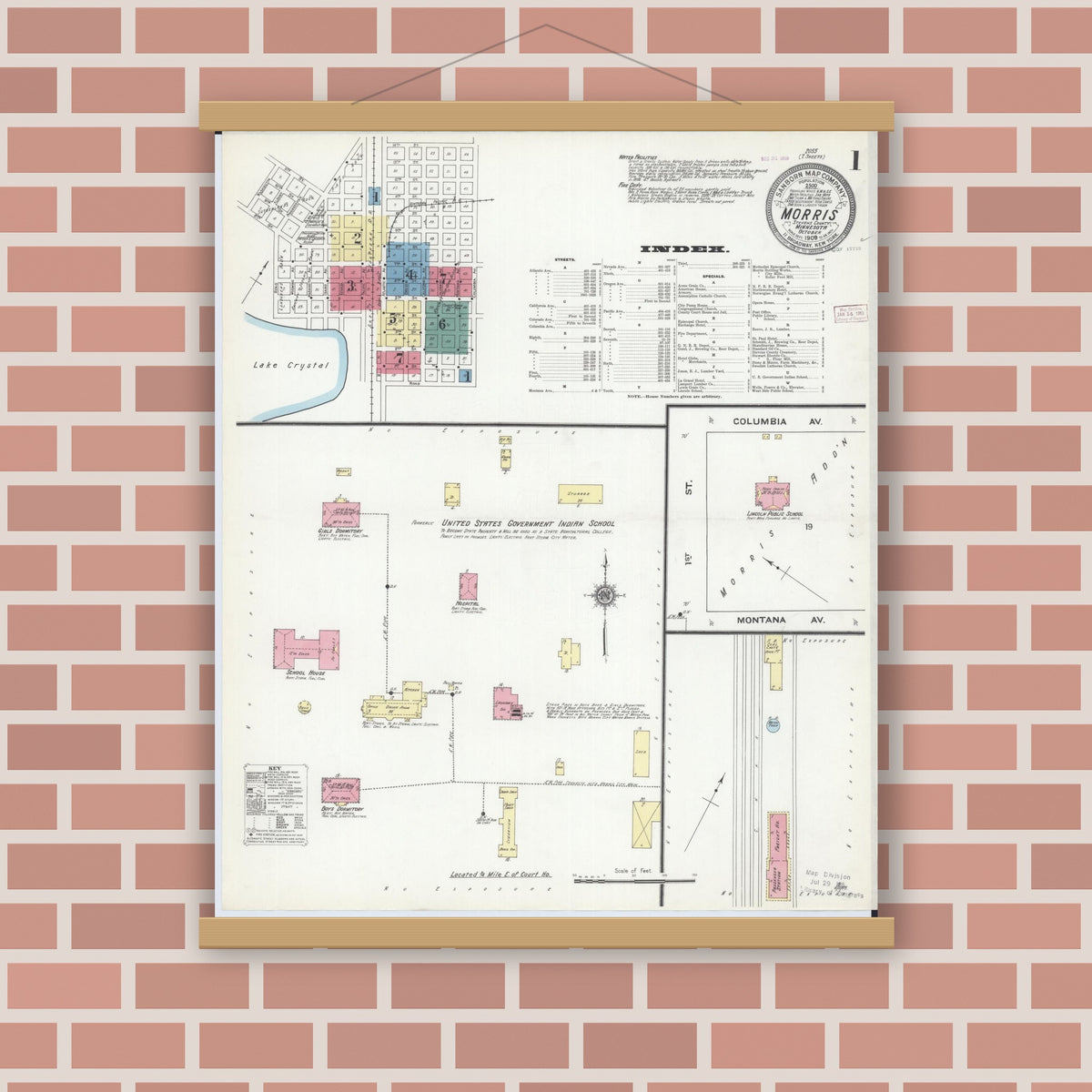 Old map wall art mockup — magnetic wood frame on brick wall — Sanborn Fire Insurance Map from Morris, Stevens County, Minnesota (1909) - Complete Map Set