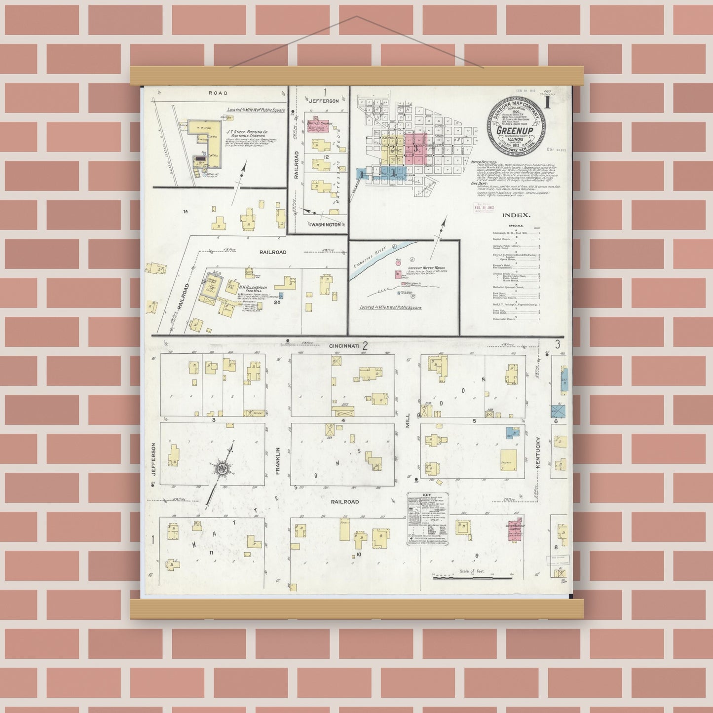 Old map wall art mockup — magnetic wood frame on brick wall — Sanborn Fire Insurance Map from Greenup, Cumberland County, Illinois (1912), Sheet #0001