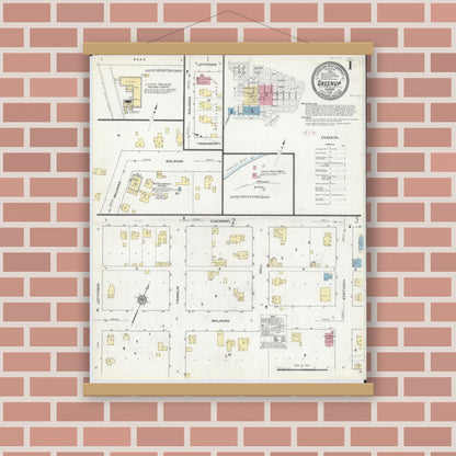 Old map wall art mockup — magnetic wood frame on brick wall — Sanborn Fire Insurance Map from Greenup, Cumberland County, Illinois (1912), Sheet #0001