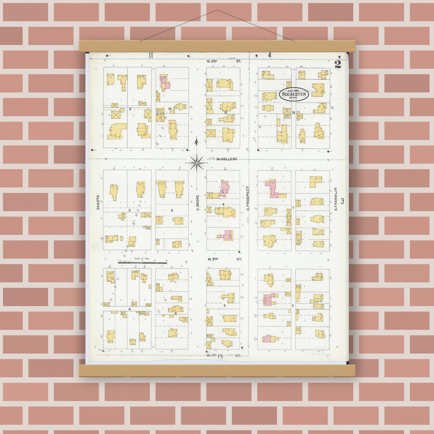 Old map wall art mockup — magnetic wood frame on brick wall — Sanborn Fire Insurance Map from Rochester, Olmsted County, Minnesota (1904), Sheet #0002