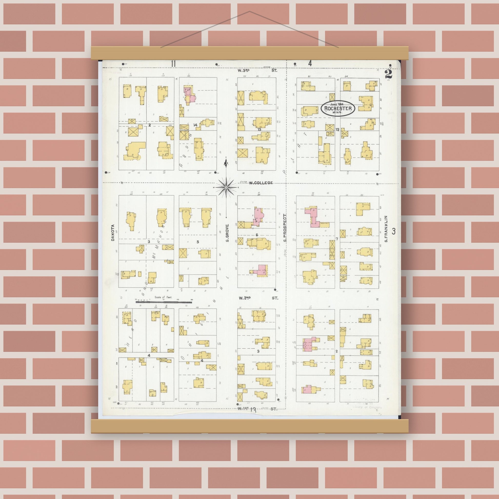 Old map wall art mockup — magnetic wood frame on brick wall — Sanborn Fire Insurance Map from Rochester, Olmsted County, Minnesota (1904), Sheet #0002