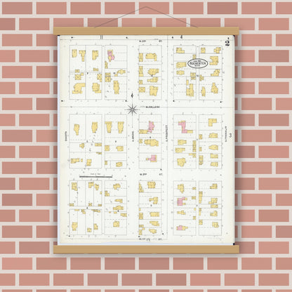 Old map wall art mockup — magnetic wood frame on brick wall — Sanborn Fire Insurance Map from Rochester, Olmsted County, Minnesota (1904), Sheet #0002