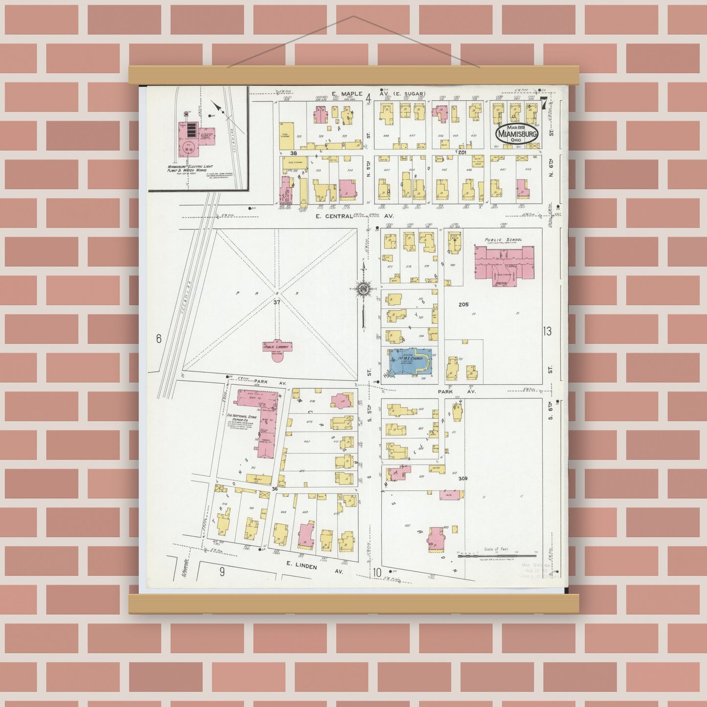 Old map wall art mockup — magnetic wood frame on brick wall — Sanborn Fire Insurance Map from Miamisburg, Montgomery County, Ohio (1919), Sheet #0007