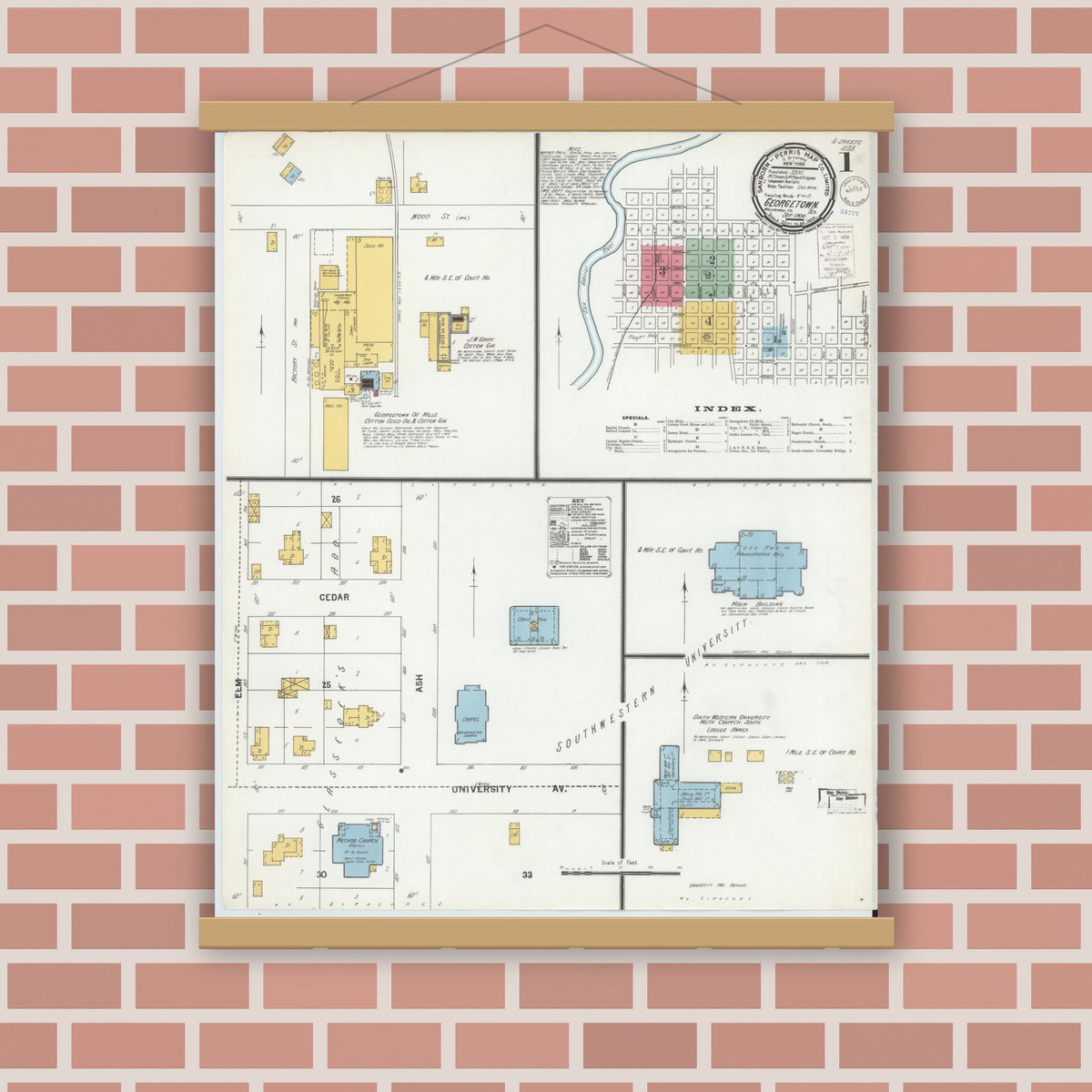 Old map wall art mockup — magnetic wood frame on brick wall — Sanborn Fire Insurance Map from Georgetown, Williamson County, Texas (1900), Sheet #0001