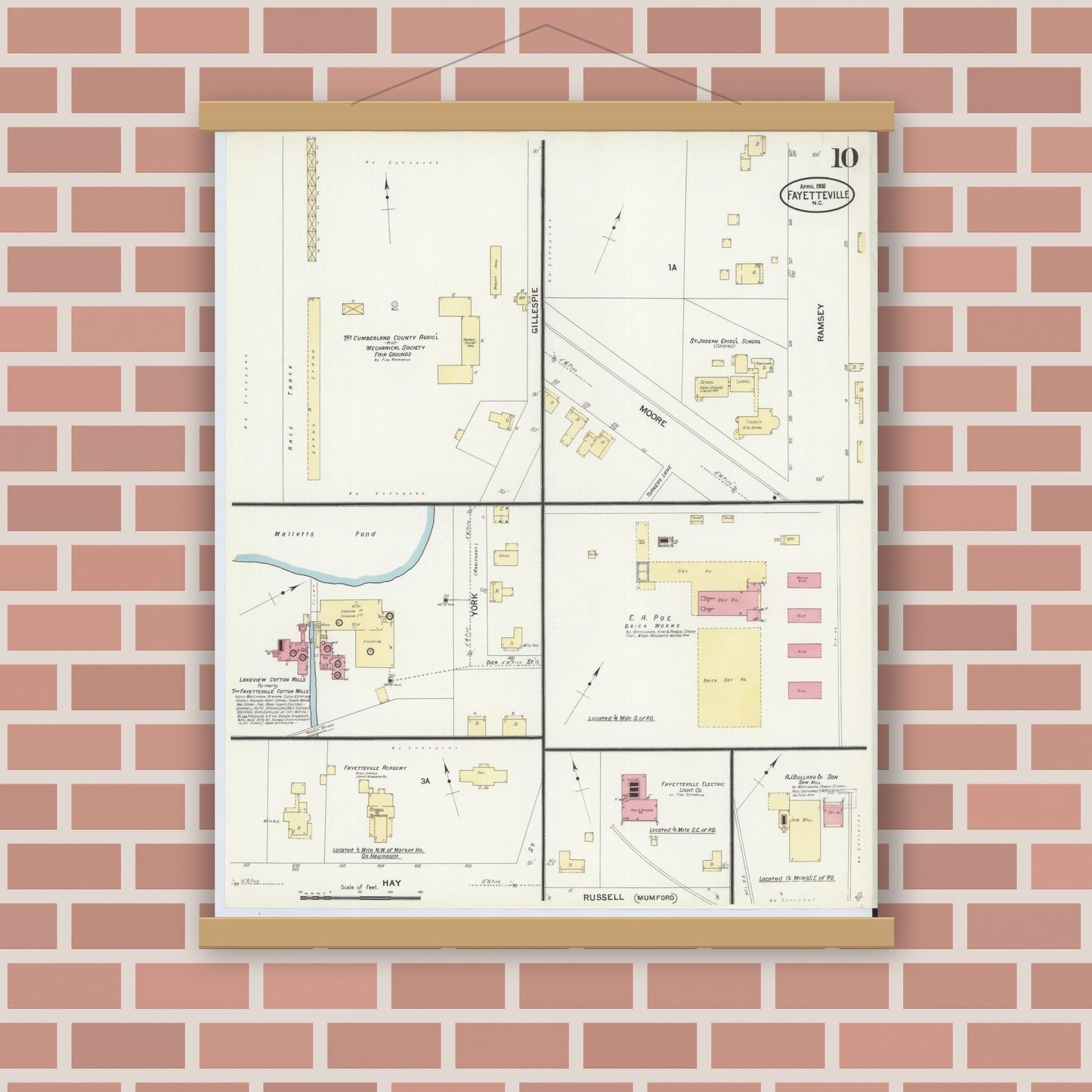 Old map wall art mockup — magnetic wood frame on brick wall — Sanborn Fire Insurance Map from Fayetteville, Cumberland County, North Carolina (1908), Sheet #0010