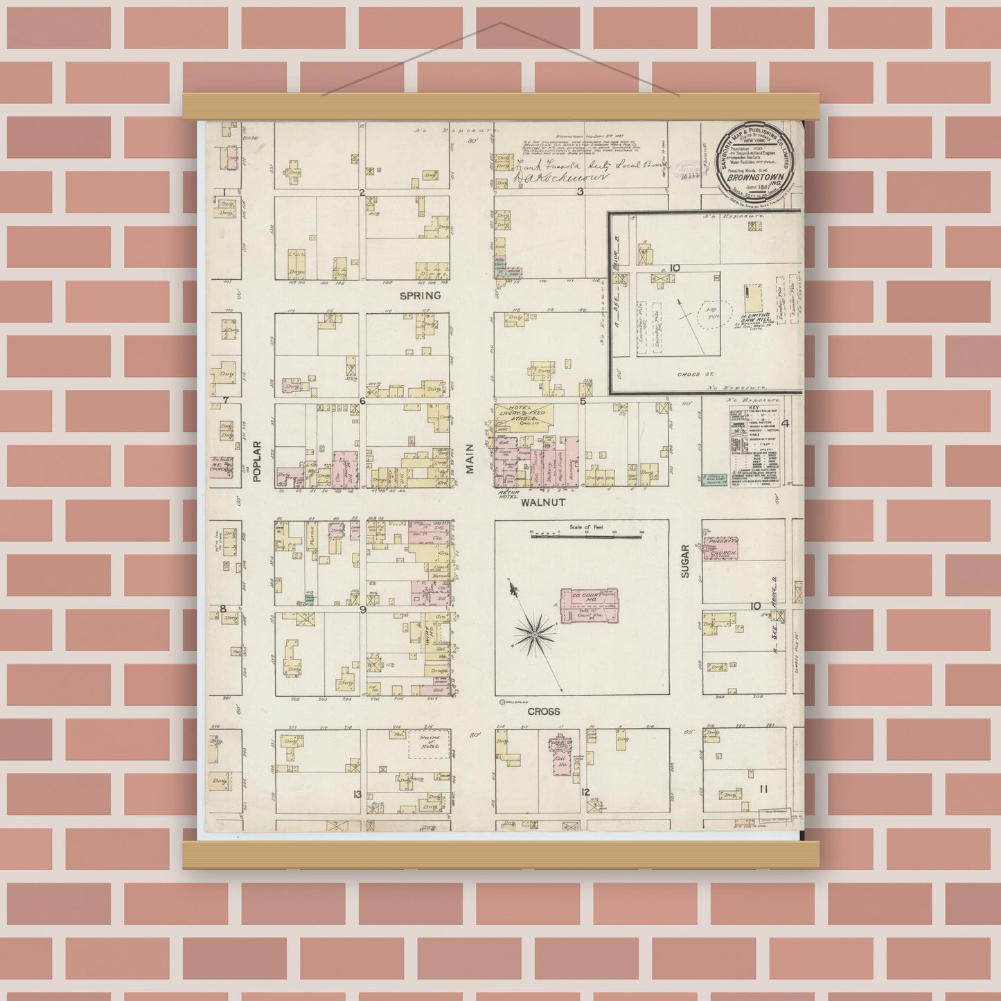 Old map wall art mockup — magnetic wood frame on brick wall — Sanborn Fire Insurance Map from Brownstown, Jackson County, Indiana (1887), Sheet #0001