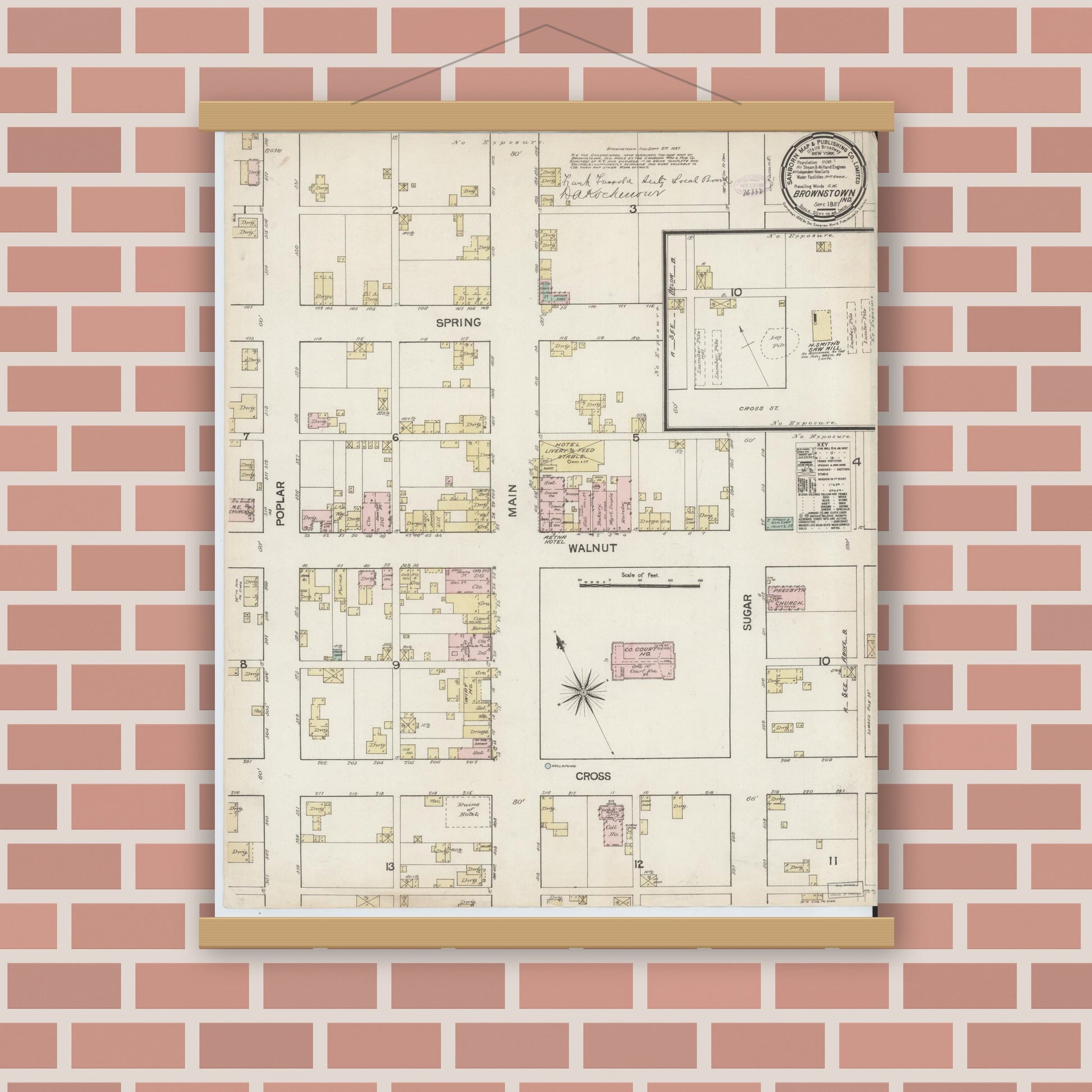 Old map wall art mockup — magnetic wood frame on brick wall — Sanborn Fire Insurance Map from Brownstown, Jackson County, Indiana (1887), Sheet #0001