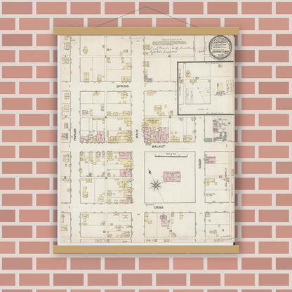 Old map wall art mockup — magnetic wood frame on brick wall — Sanborn Fire Insurance Map from Brownstown, Jackson County, Indiana (1887), Sheet #0001