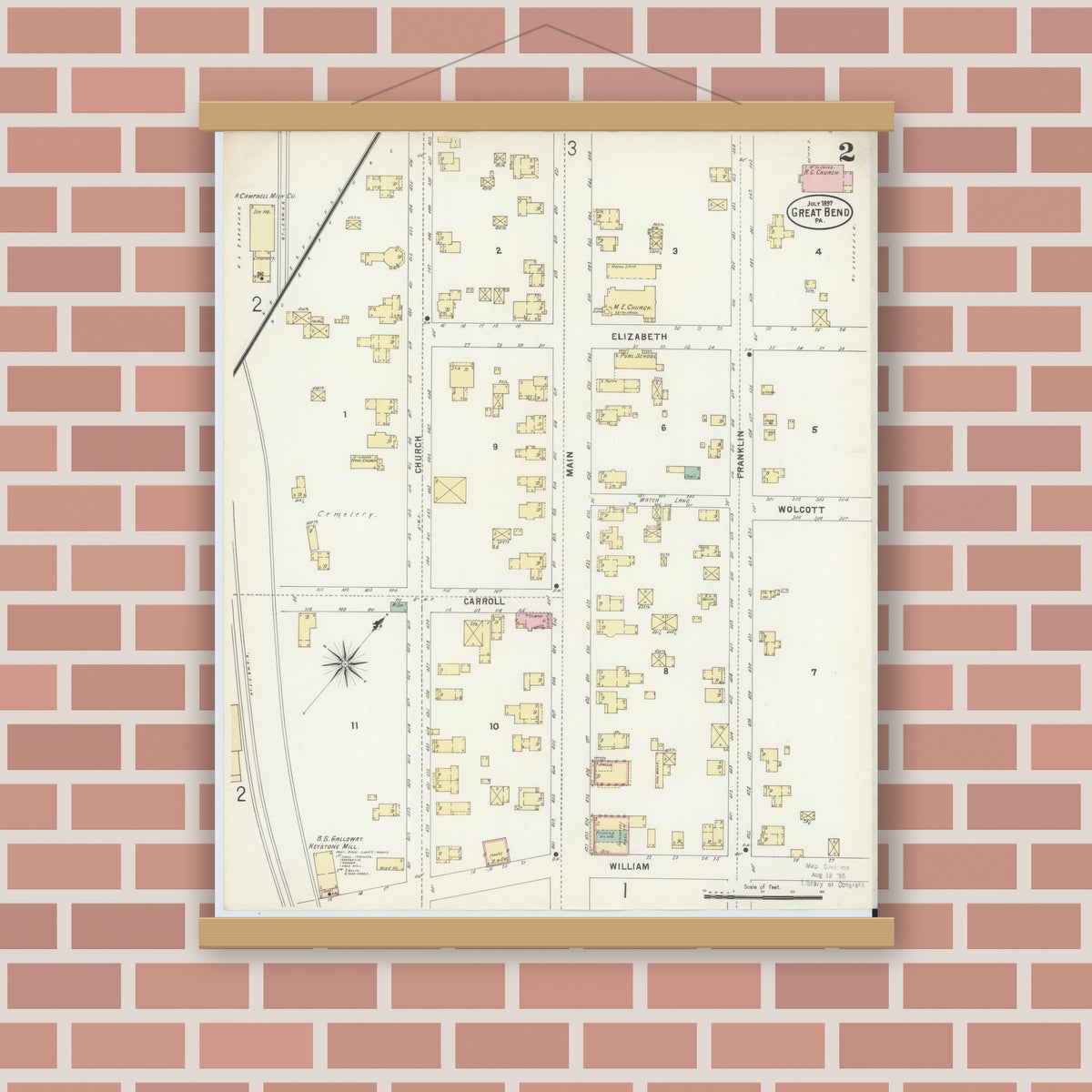 Old map wall art mockup — magnetic wood frame on brick wall — Sanborn Fire Insurance Map from Great Bend, Susquehanna County, Pennsylvania (1897), Sheet #0002