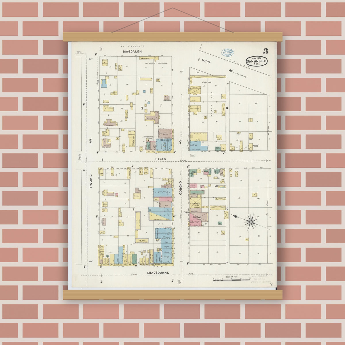 Old map wall art mockup — magnetic wood frame on brick wall — Sanborn Fire Insurance Map from San Angelo, Tom Green County, Texas (1894), Sheet #0003