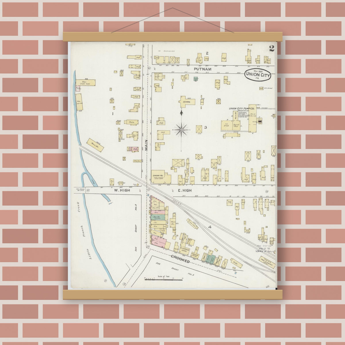 Old map wall art mockup — magnetic wood frame on brick wall — Sanborn Fire Insurance Map from Union City, Erie County, Pennsylvania (1887), Sheet #0002
